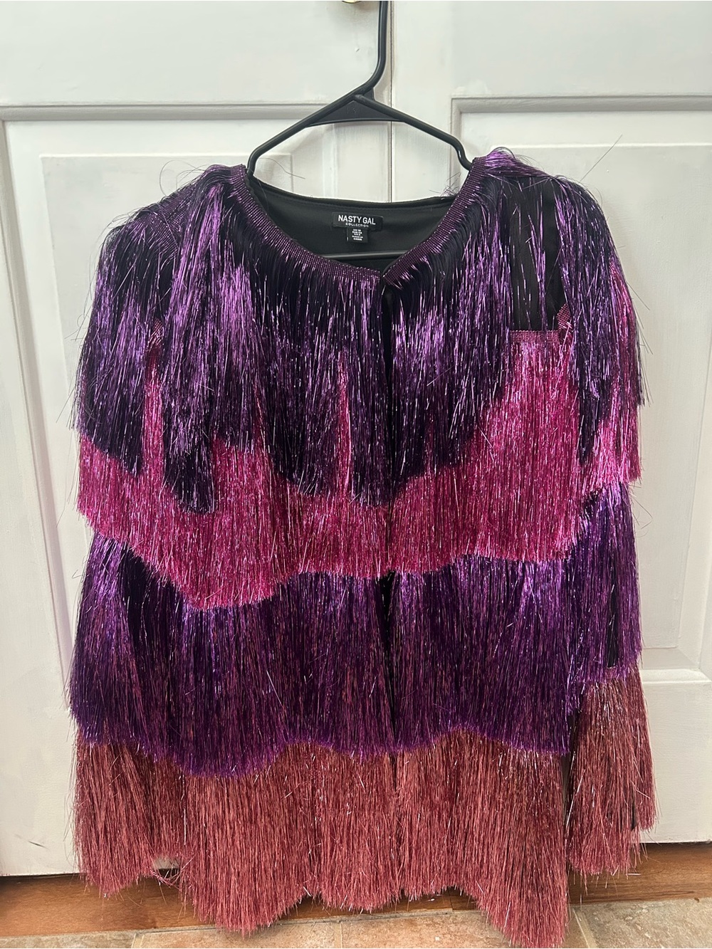 Nasty Gal Metallic Tinsel Fringe Open Front Jacket Festival Concert Party Size 6